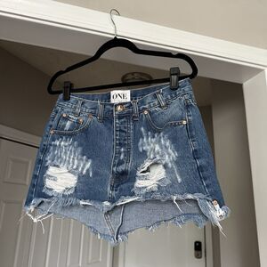 One Teaspoon Denim Mini Skirt Distressed Size 27 US 4 Button Fly Blue y2k